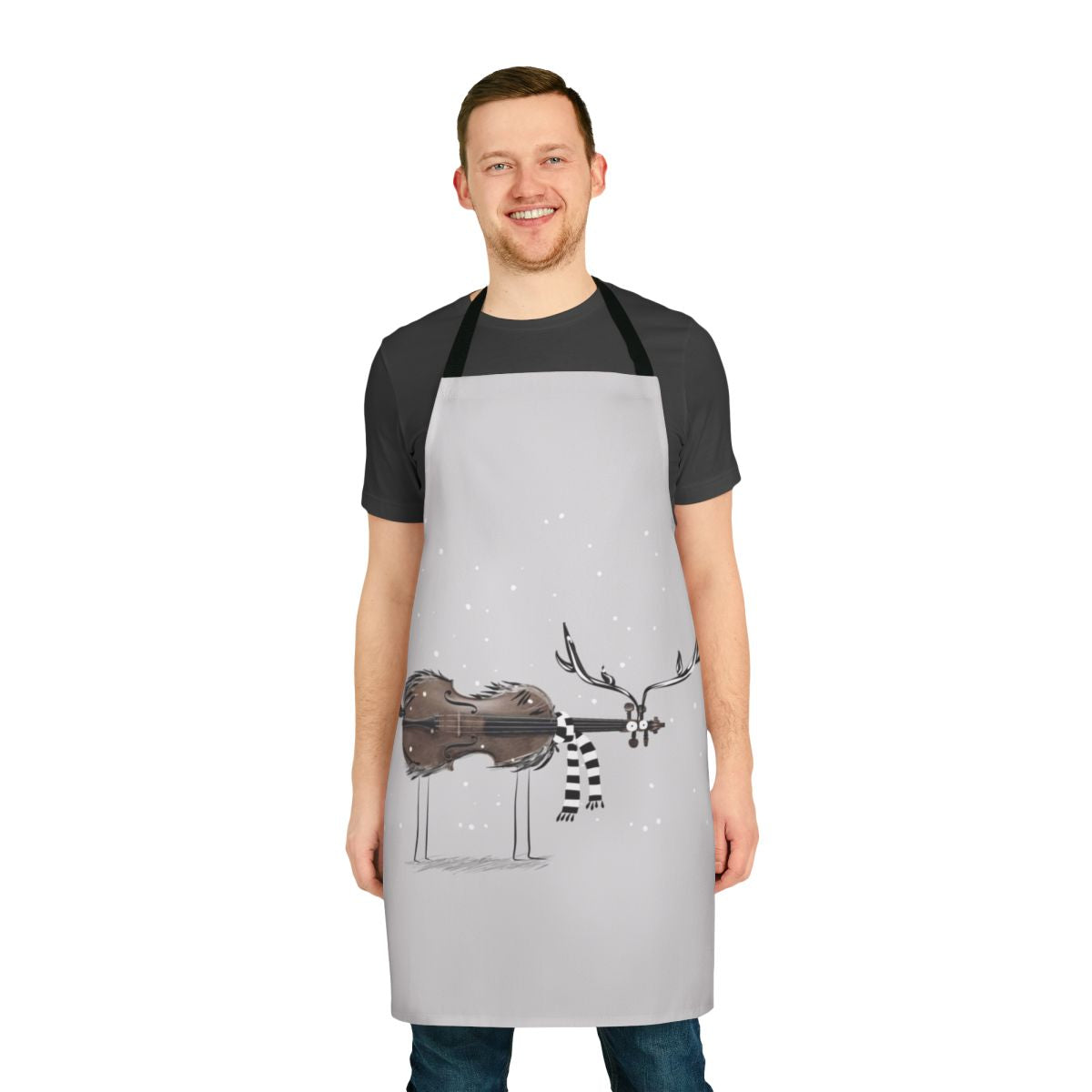 Christmas-themed apron featuring a reindeer playing a violin against a snowy backdrop