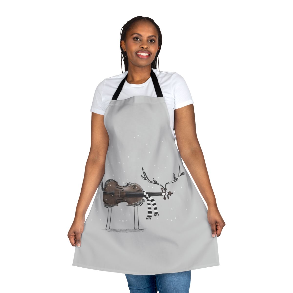 Christmas-themed apron featuring a reindeer playing a violin against a snowy backdrop