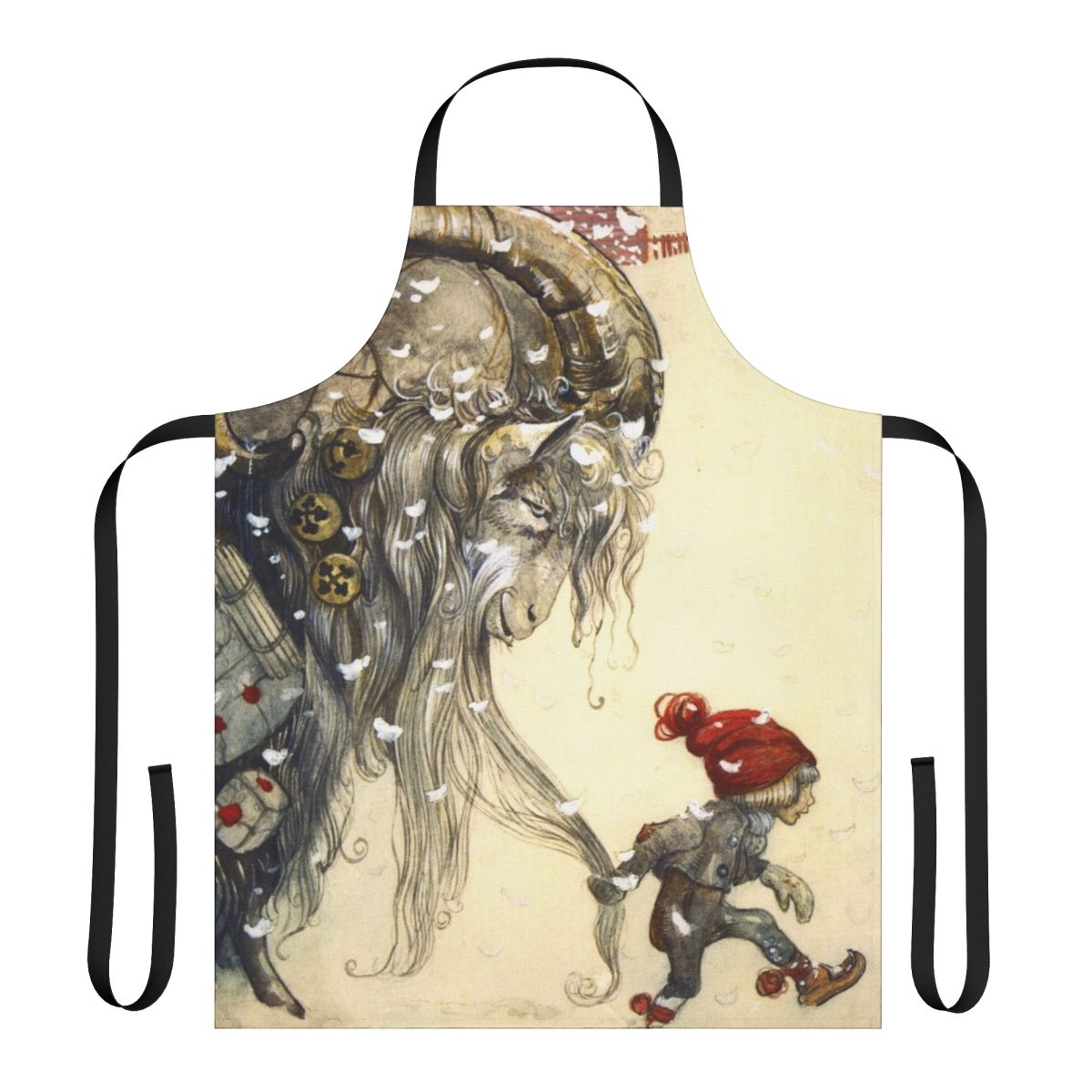 Apron featuring a whimsical yule goat illustration inspired by the art of Swedish artist John Bauer