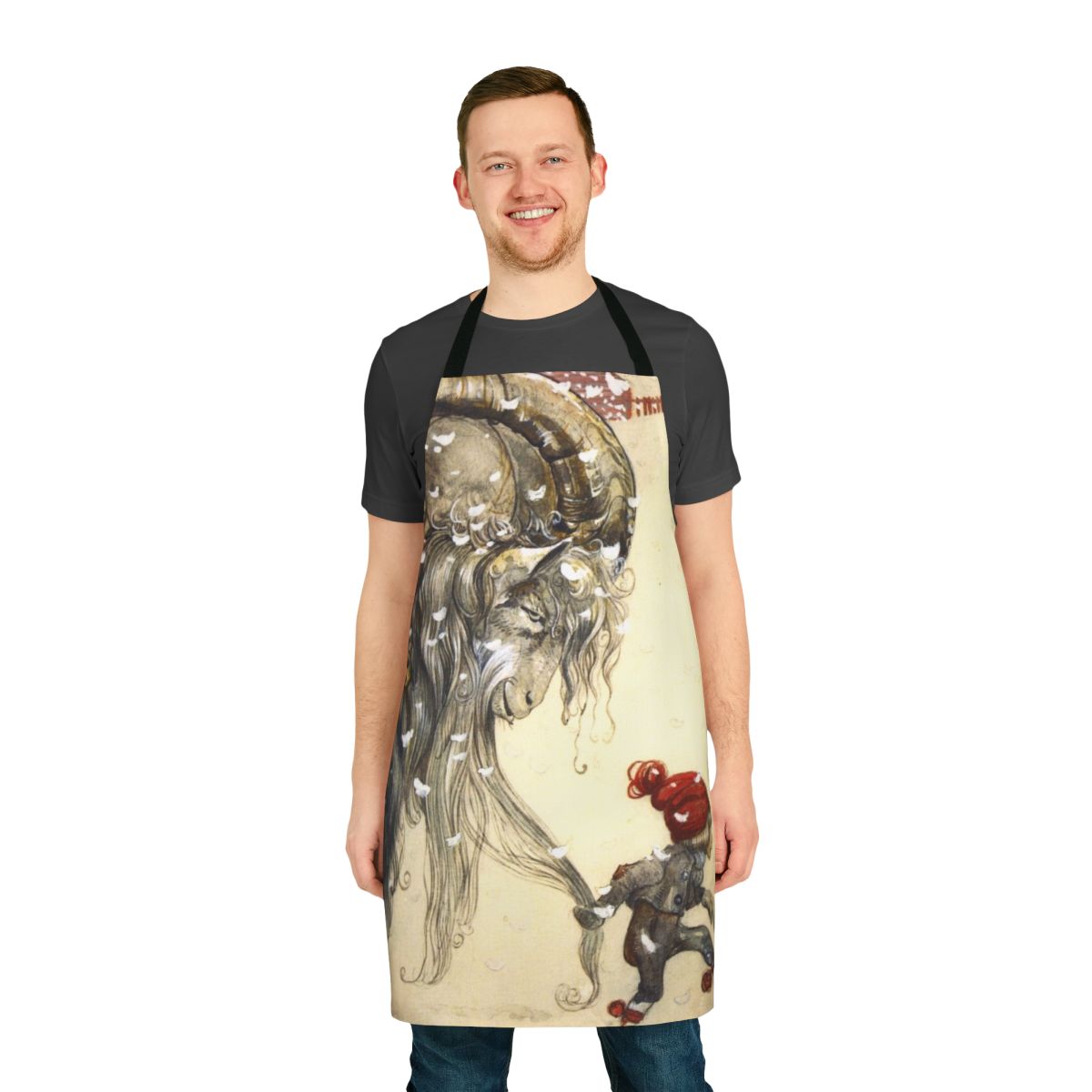 Apron featuring a whimsical yule goat illustration inspired by the art of Swedish artist John Bauer