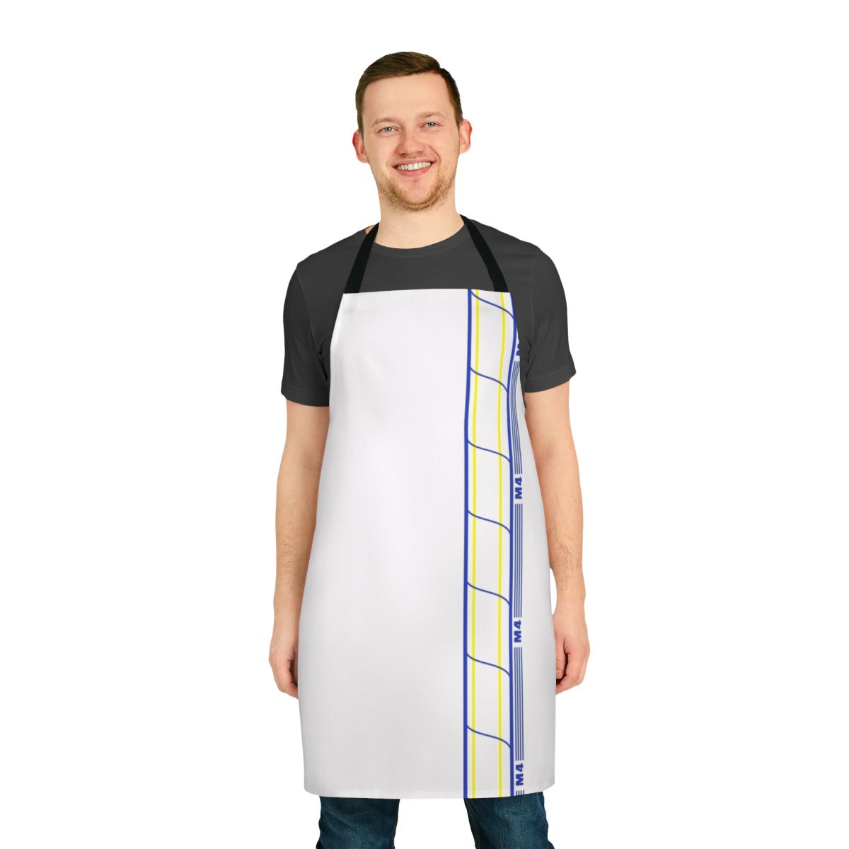 A diaper-style apron with a playful, humorous design for adult baby and pup play enthusiasts.