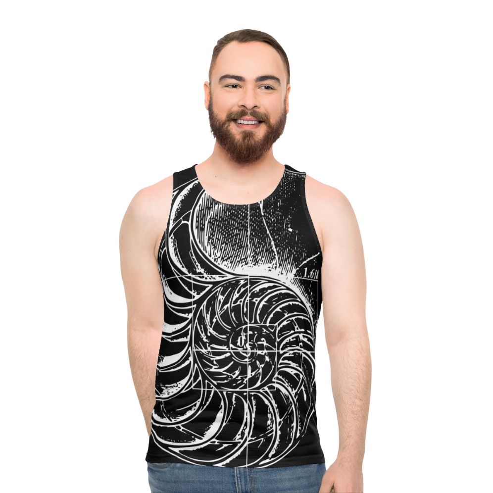 Fibonacci nautilus shell pattern on a unisex black and white tank top