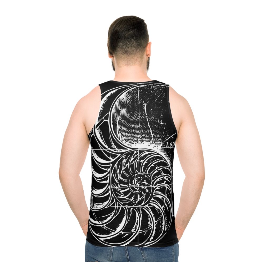Fibonacci nautilus shell pattern on a unisex black and white tank top
