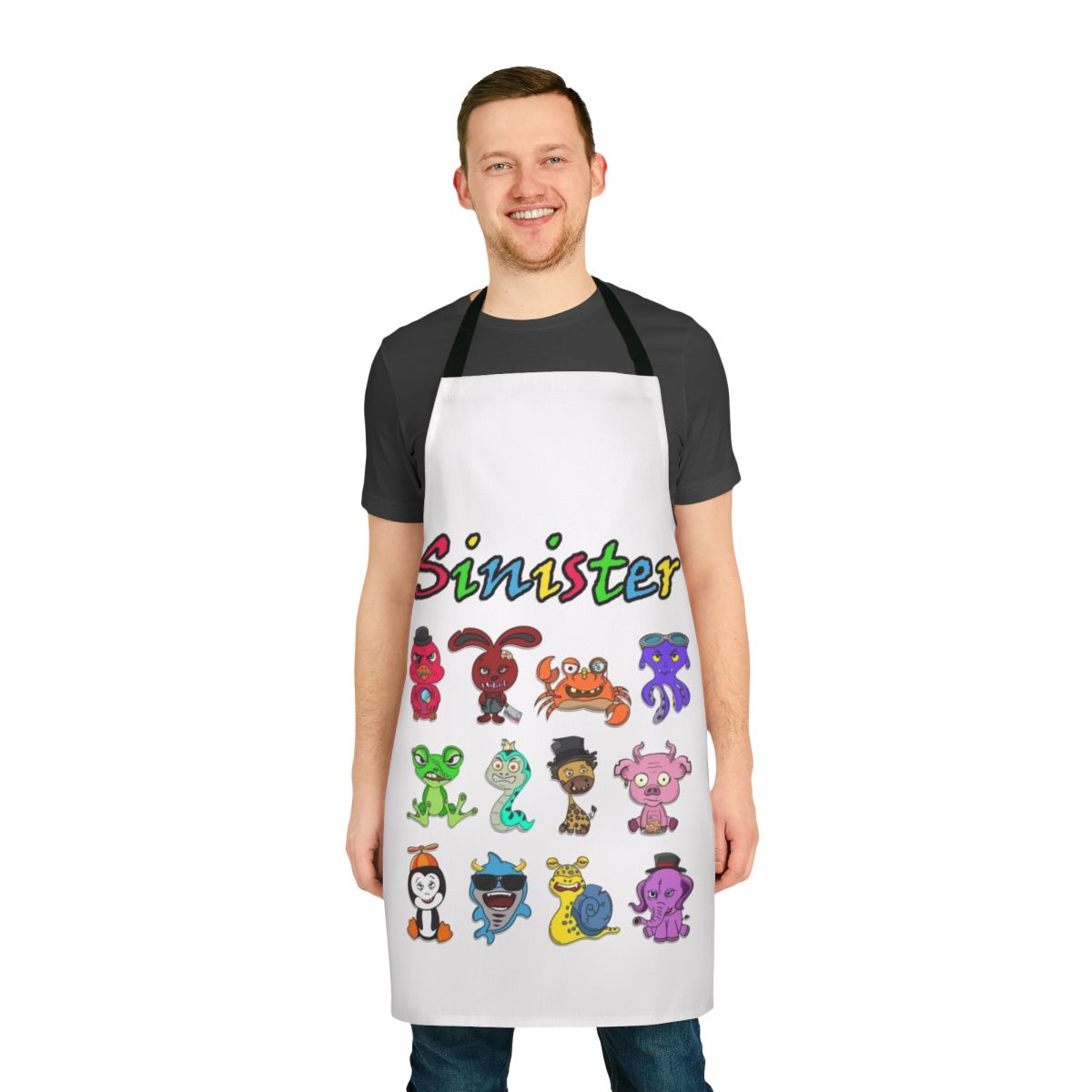 Sinister animals depicted in a cartoon style on a high-quality apron.