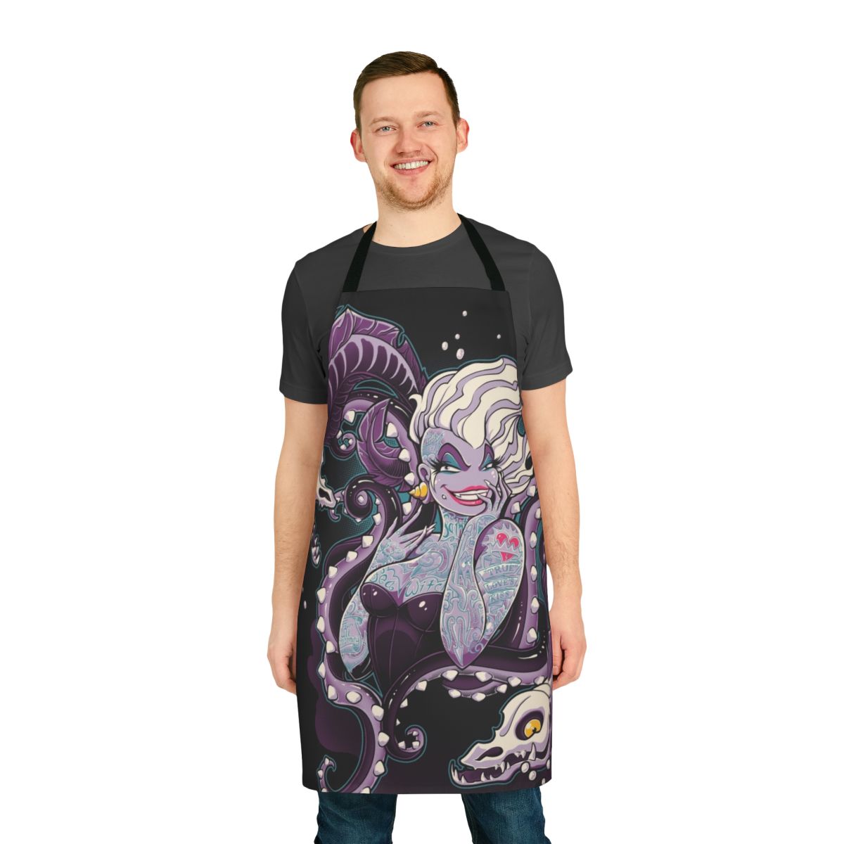 Stylish apron featuring a bold octopus and skull design, perfect for embracing your inner villain or sea witch.