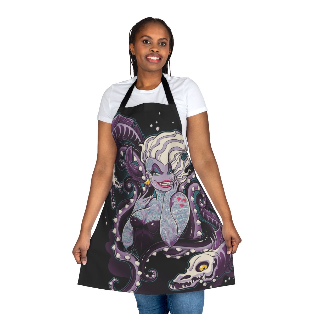Stylish apron featuring a bold octopus and skull design, perfect for embracing your inner villain or sea witch.
