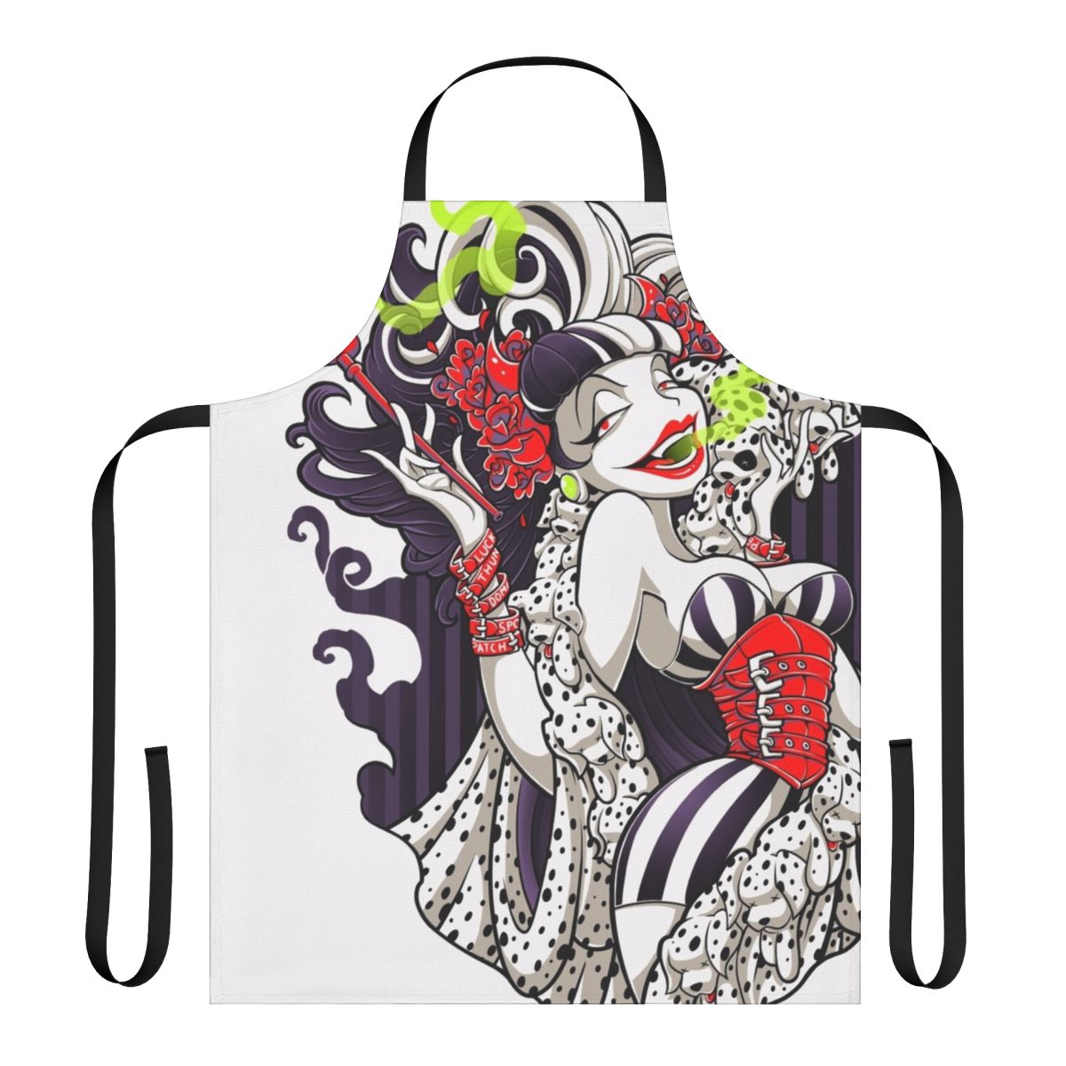 A stylish black and white apron with a villainous, empowering design for fierce fashion lovers.