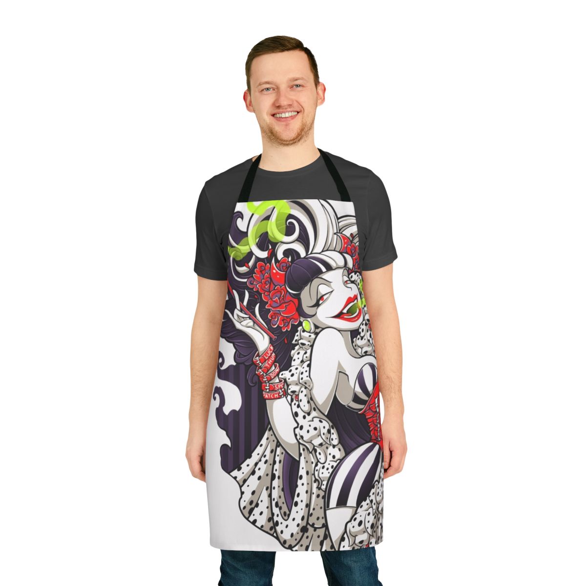 A stylish black and white apron with a villainous, empowering design for fierce fashion lovers.