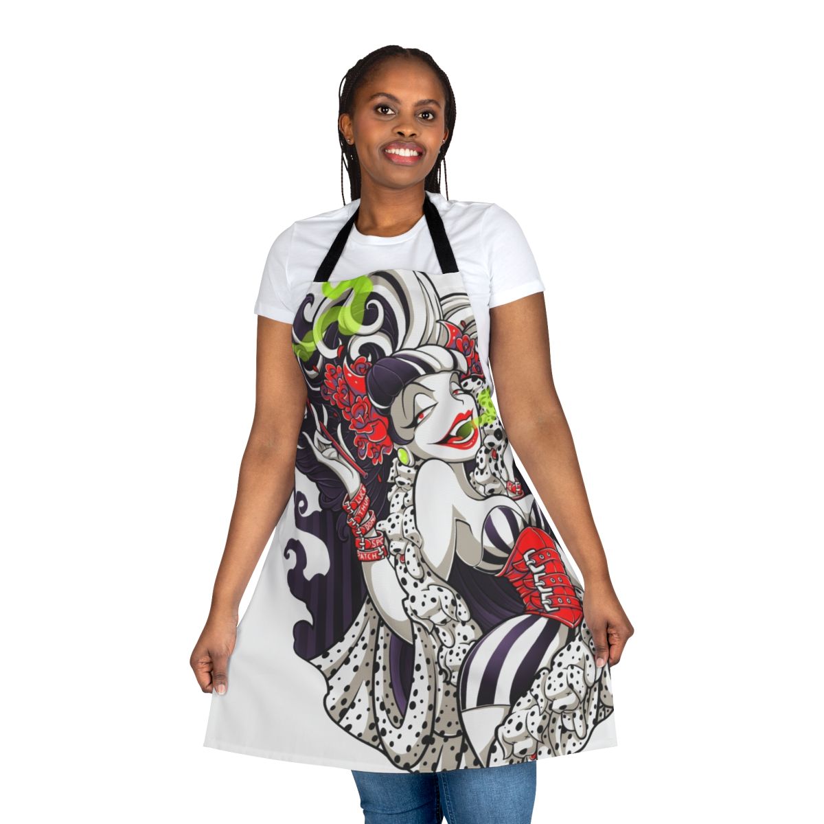 A stylish black and white apron with a villainous, empowering design for fierce fashion lovers.