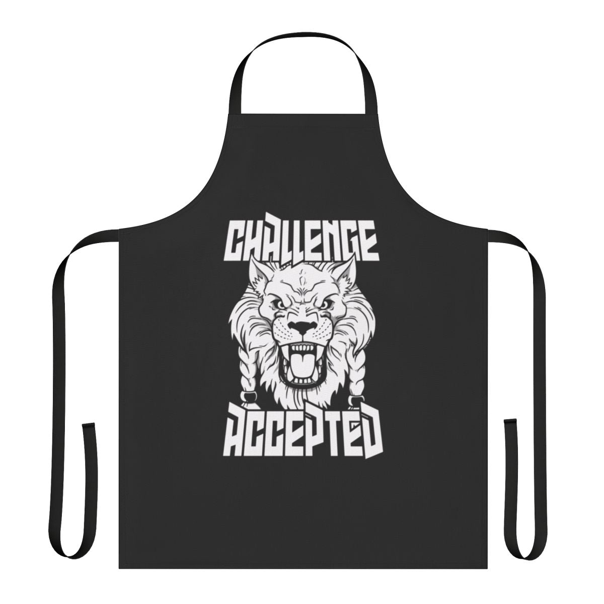 Stylized illustration of a ferocious alien lion-like creature on a white apron