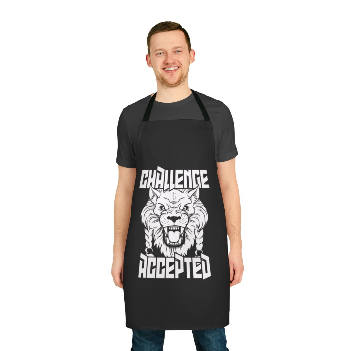 Stylized illustration of a ferocious alien lion-like creature on a white apron