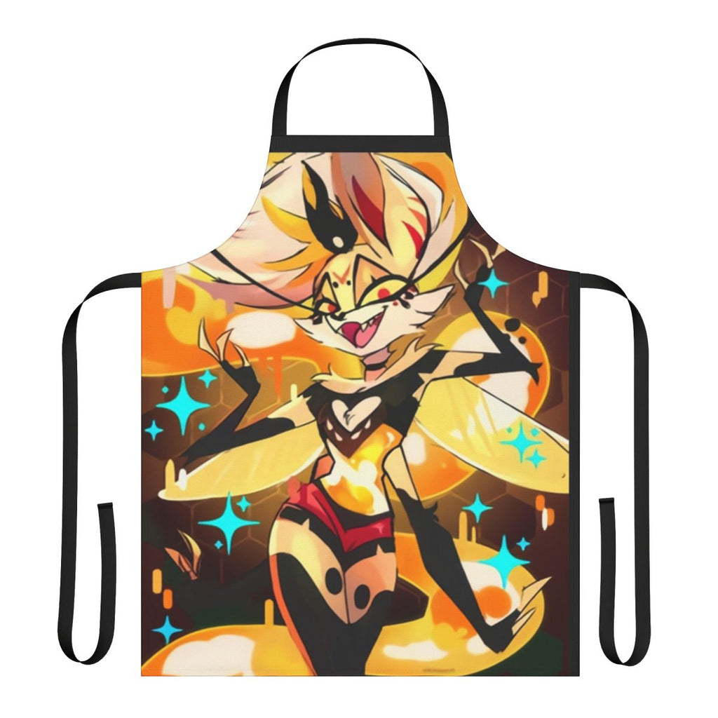 Fiery demon queen bee apron with a cartoon honeycomb and lava design