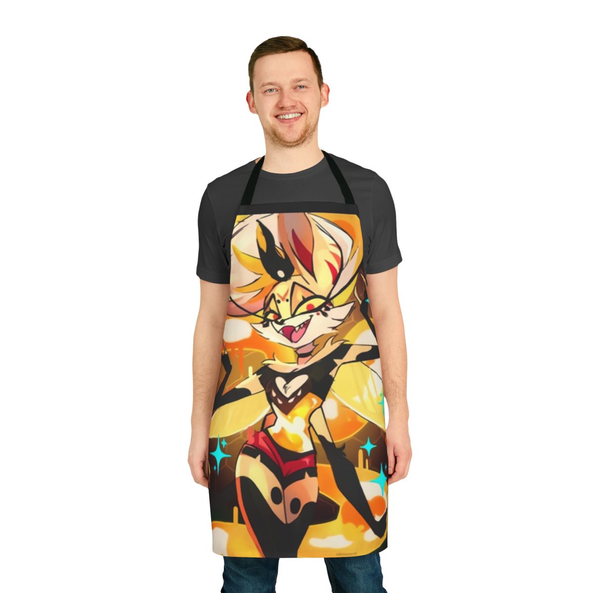 Fiery demon queen bee apron with a cartoon honeycomb and lava design