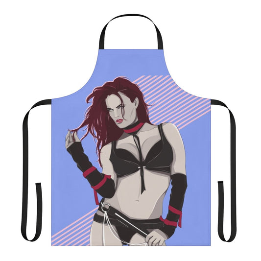 Fiery diva-themed apron featuring pop art-style digital illustration