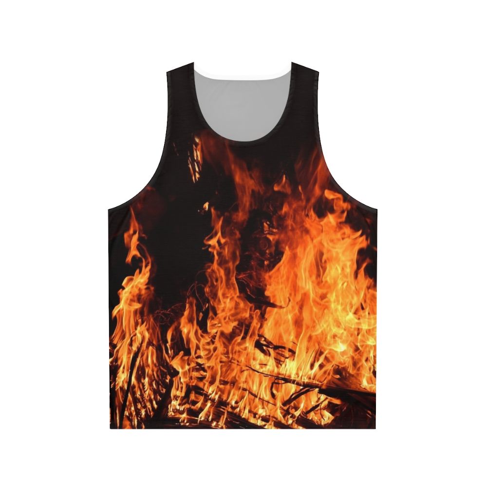 Unisex tank top with a fiery nighttime campfire design
