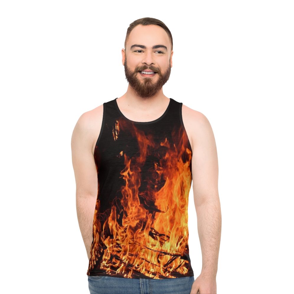 Unisex tank top with a fiery nighttime campfire design