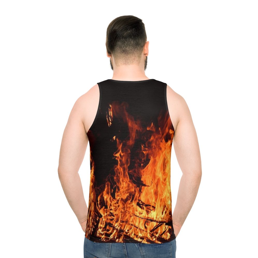 Unisex tank top with a fiery nighttime campfire design