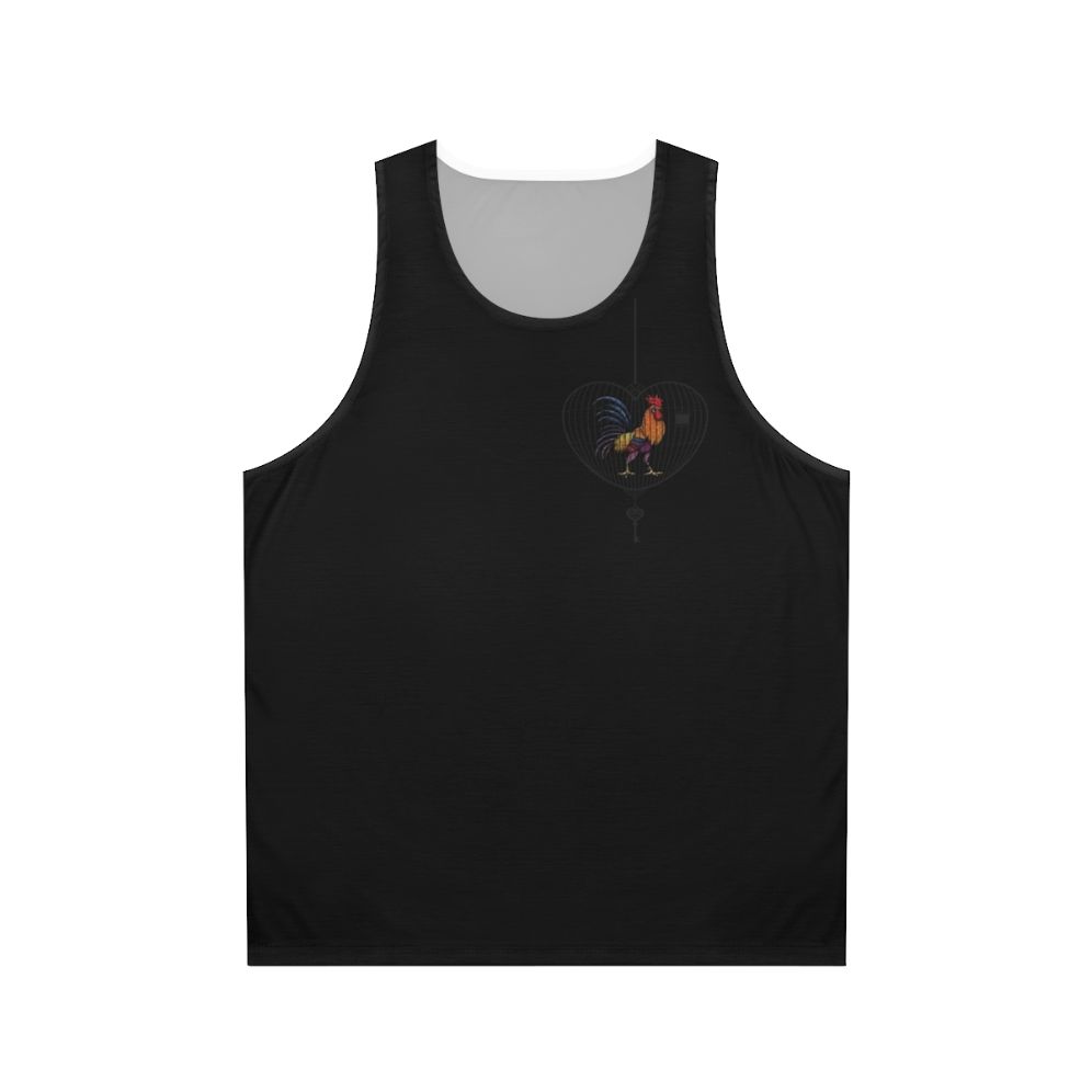 Fiery patterned unisex tank top with a rooster in a cage design