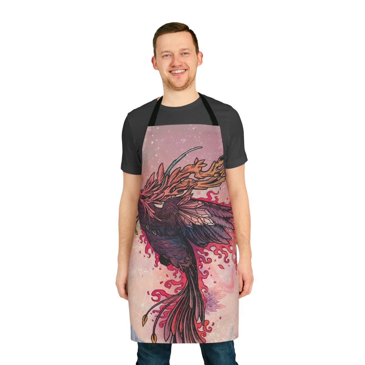 Fiery phoenix design embroidered on a high-quality apron