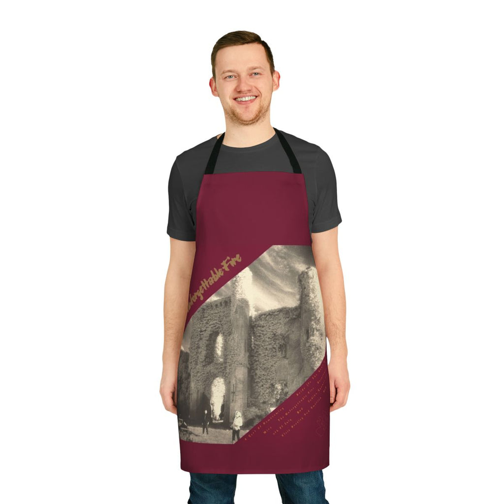 "U2 inspired cooking apron featuring a fiery design reminiscent of the band's performance at Slane Castle"