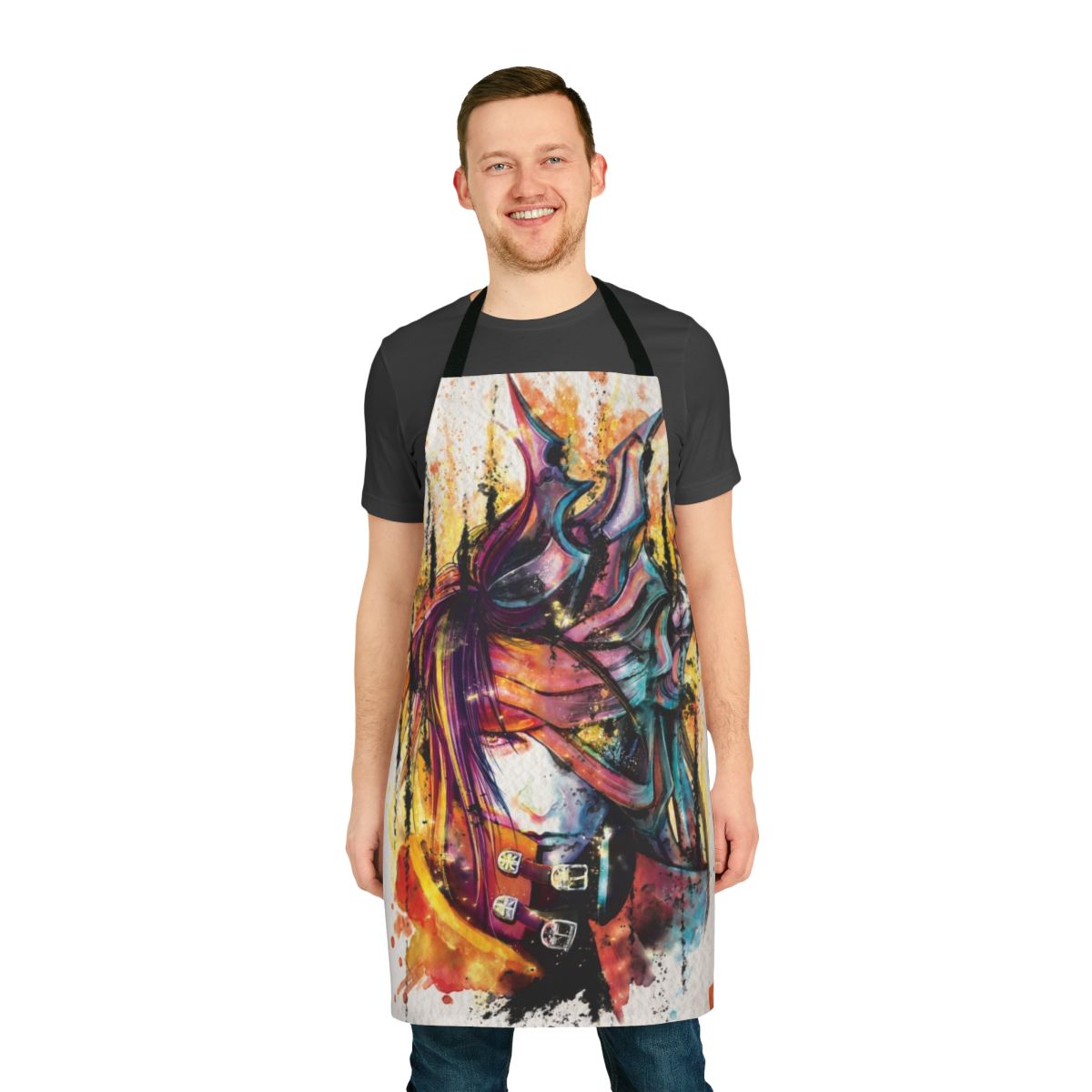A stylish apron featuring the iconic Final Fantasy FFVII character Vincent Valentine, perfect for fans of the game.