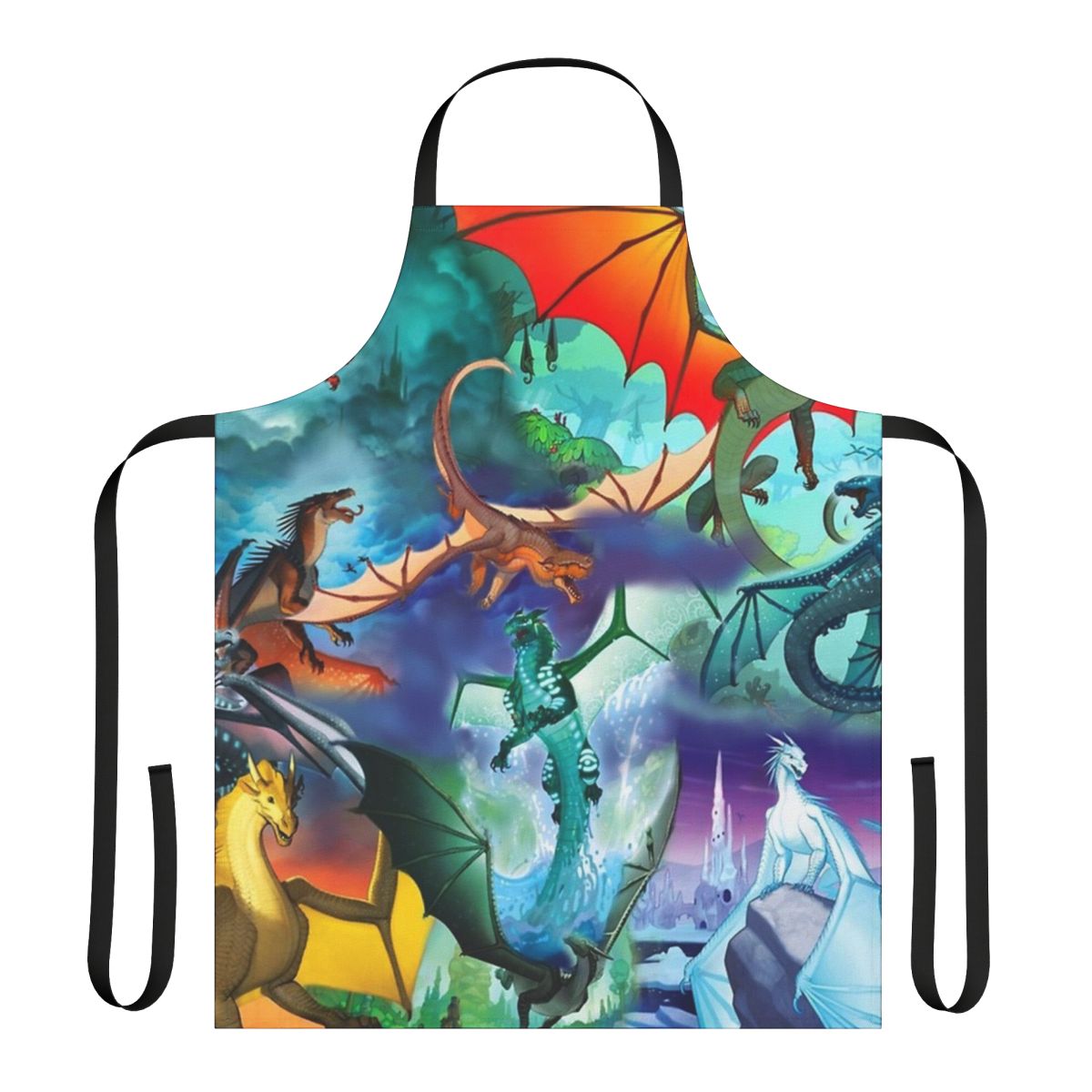 Colorful apron featuring the dragon characters and backgrounds from the Wings of Fire book series