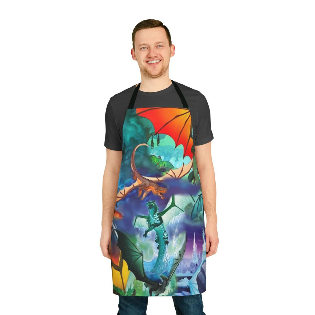 Colorful apron featuring the dragon characters and backgrounds from the Wings of Fire book series