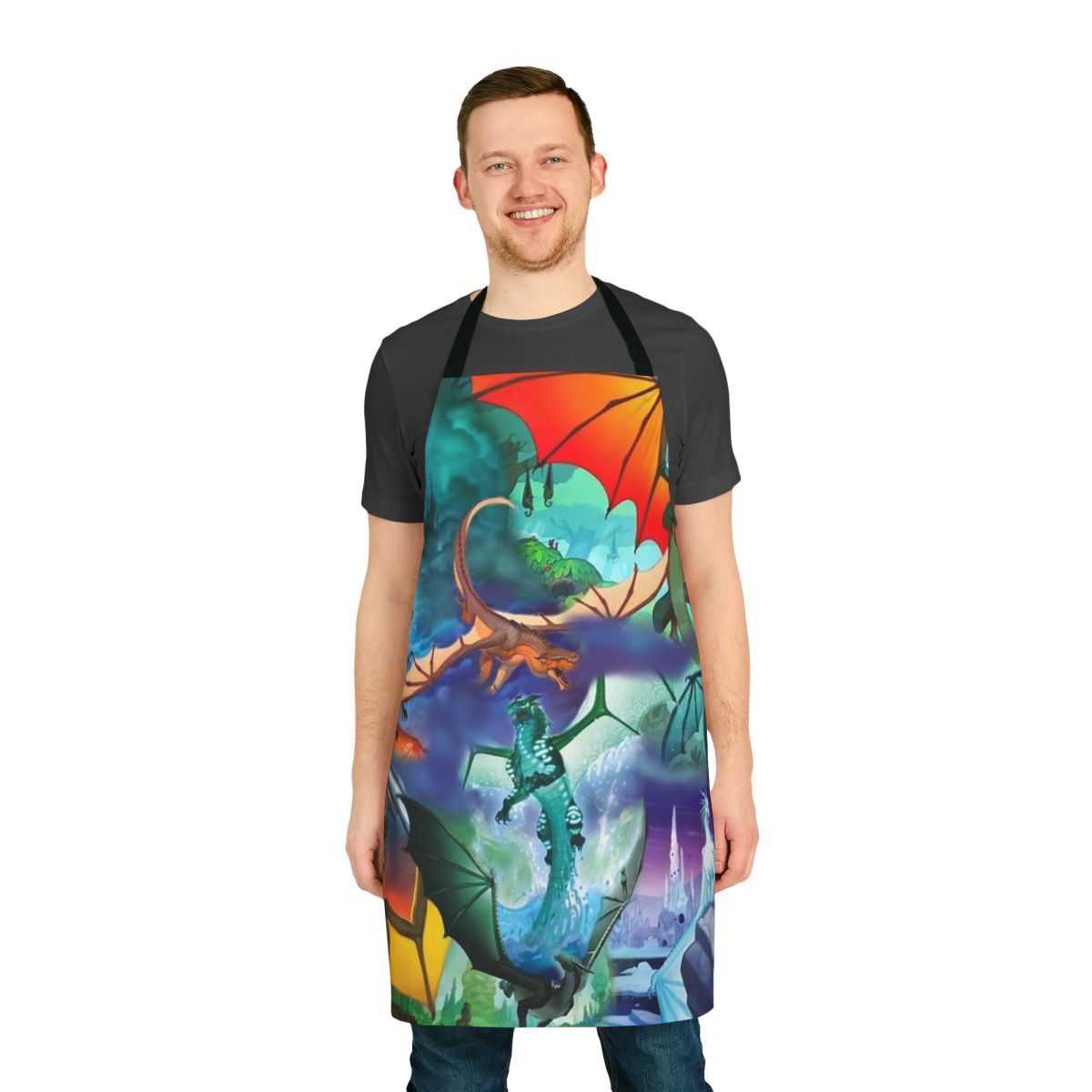 Colorful apron featuring the dragon characters and backgrounds from the Wings of Fire book series