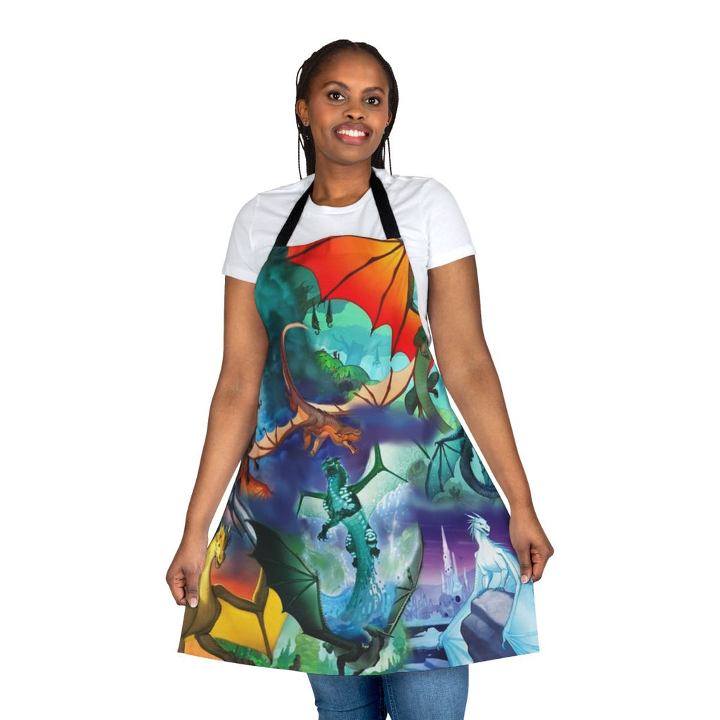 Colorful apron featuring the dragon characters and backgrounds from the Wings of Fire book series