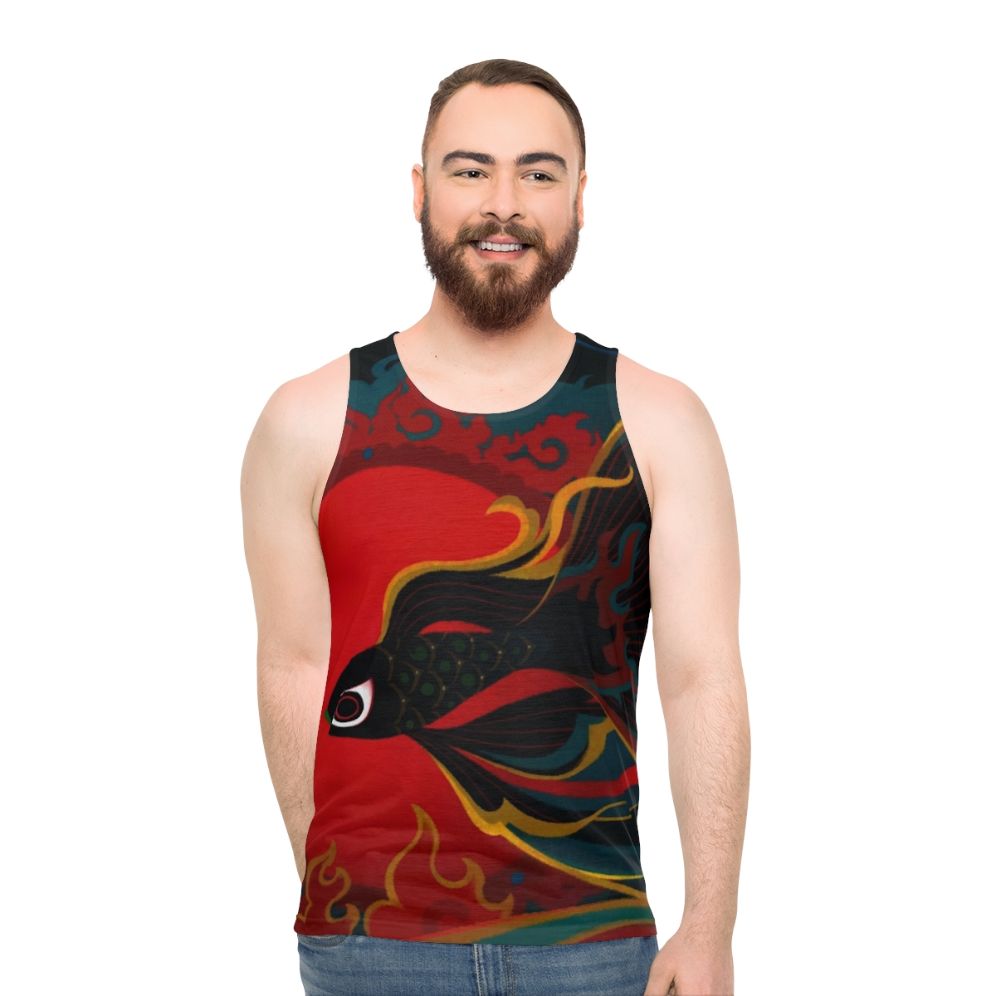 Unisex tank top with fire fish and oriental cloud pattern design