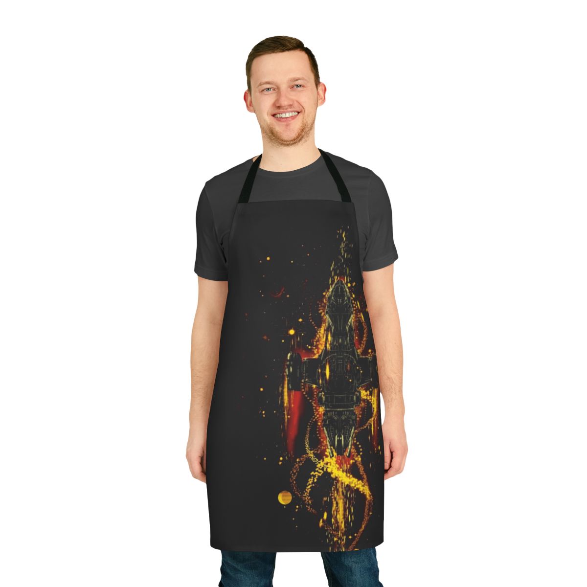 Fireflies inspired sci-fi apron with space, television, and movie graphics