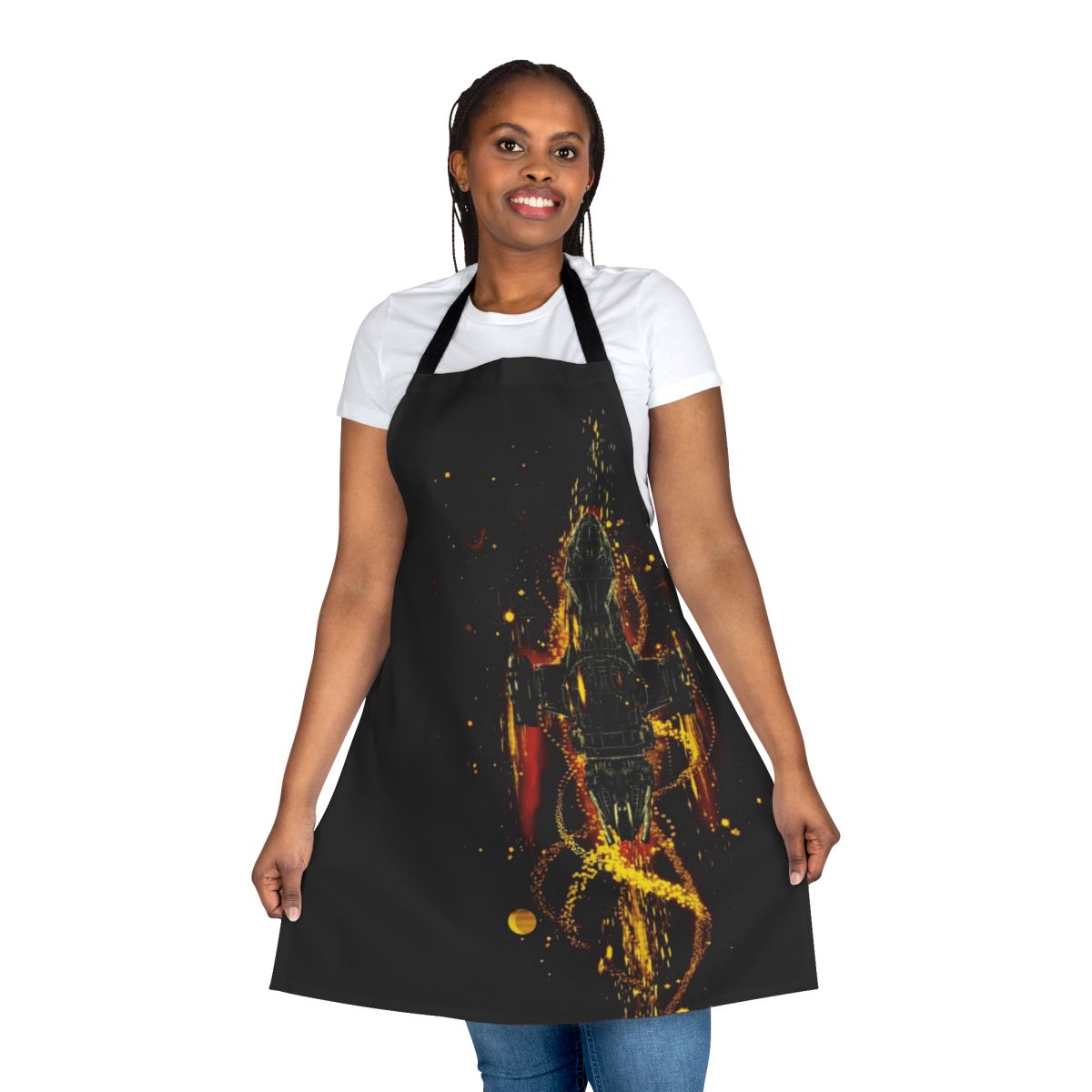 Fireflies inspired sci-fi apron with space, television, and movie graphics
