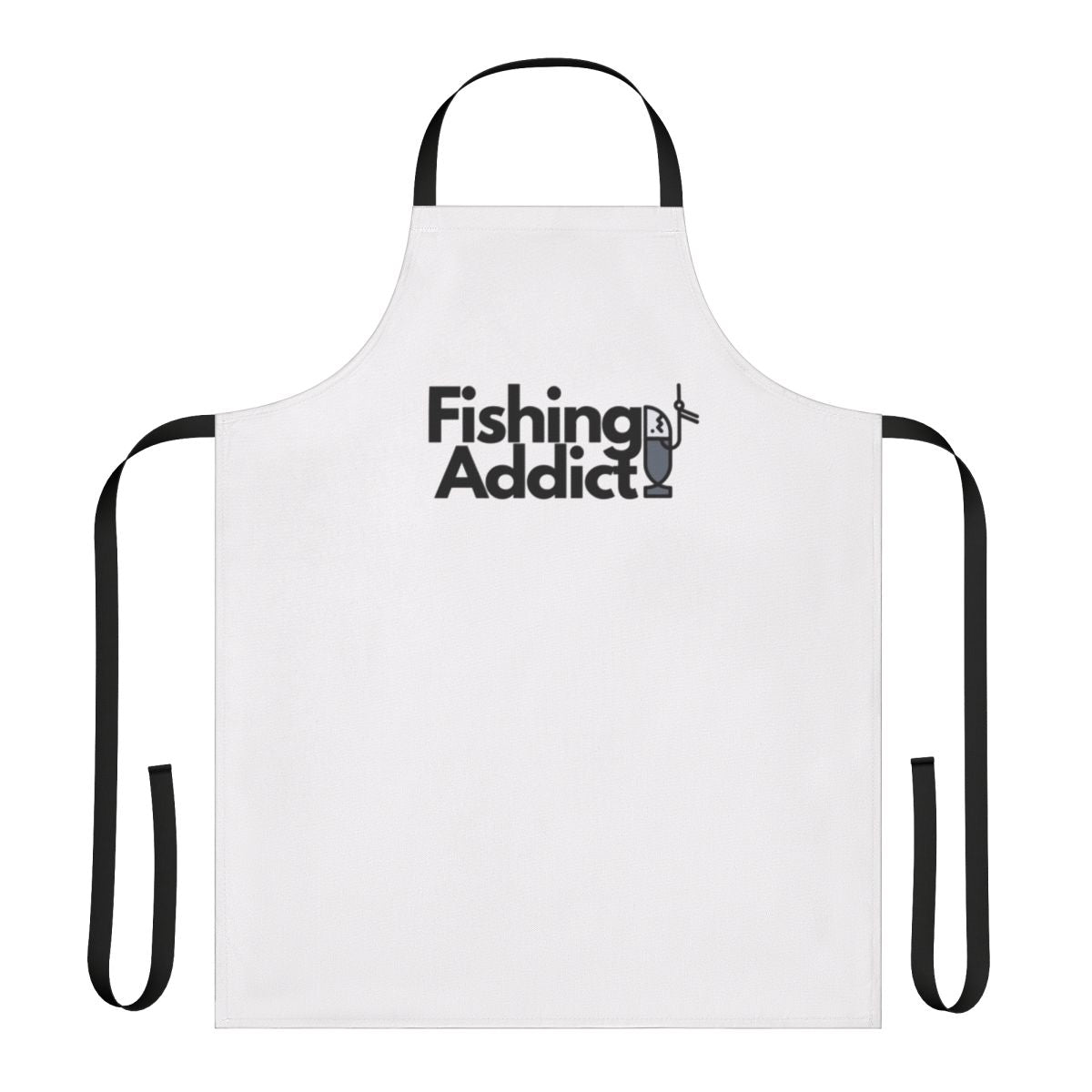 Fishing-themed apron with a humorous "Fishing Addict" design for passionate anglers and fishing enthusiasts.