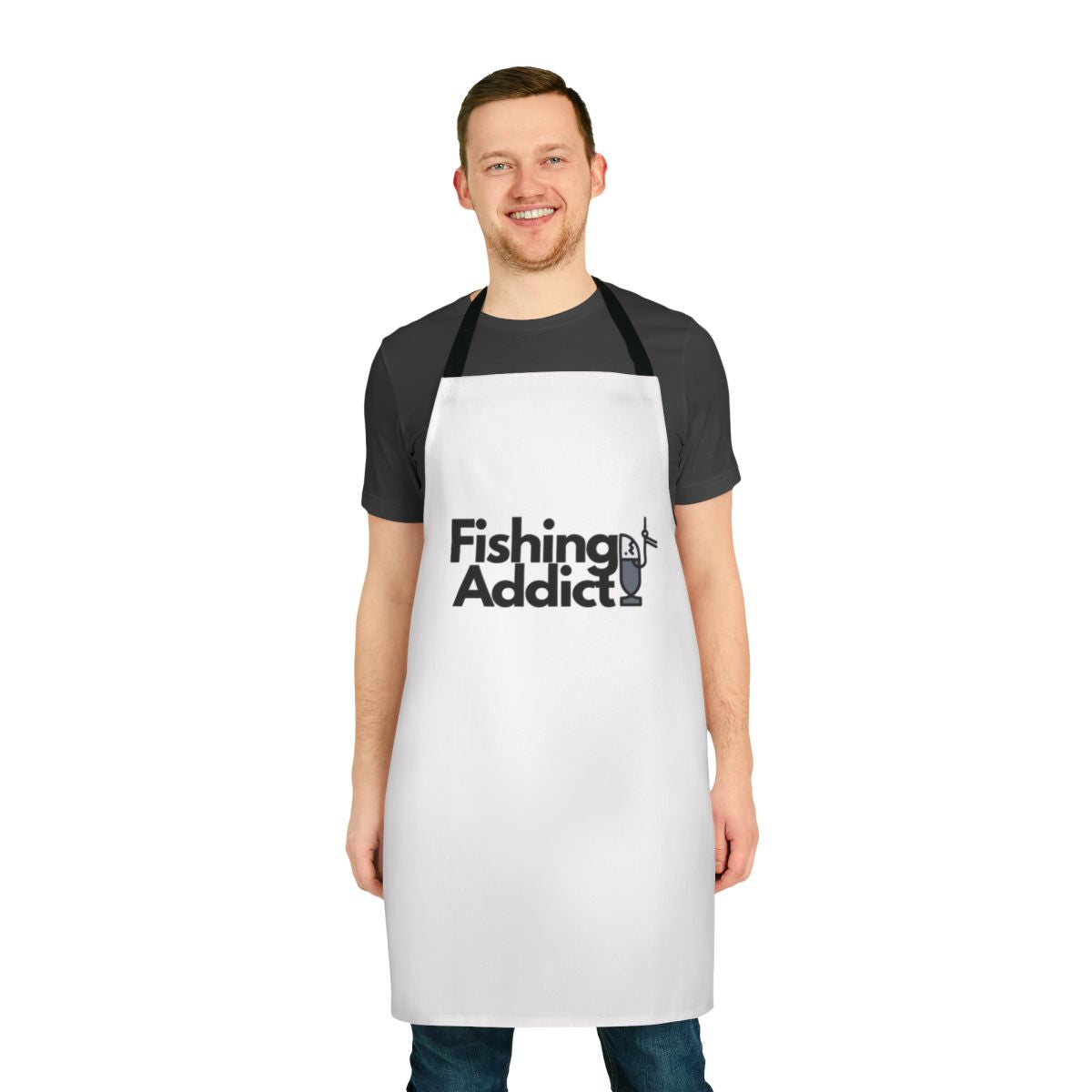 Fishing-themed apron with a humorous "Fishing Addict" design for passionate anglers and fishing enthusiasts.