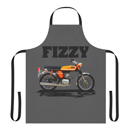 Vibrant orange and black apron featuring a classic Fizzy motorcycle design, perfect for motorcycle enthusiasts.