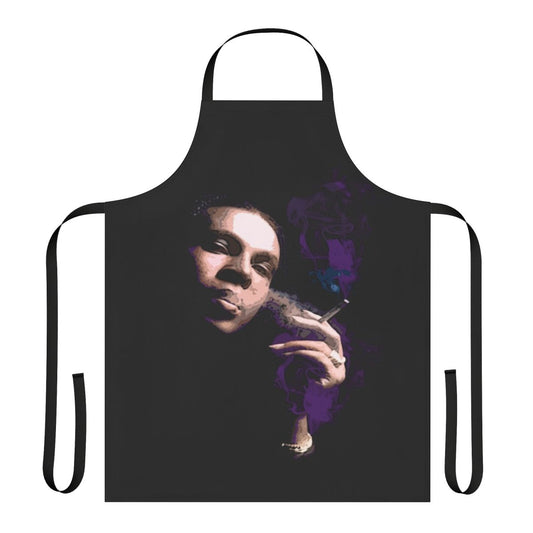 Colorful purple apron with a flamboyant drag queen design, perfect for kitchen use or costume parties.