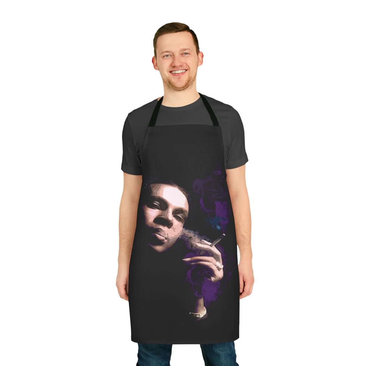 Colorful purple apron with a flamboyant drag queen design, perfect for kitchen use or costume parties.