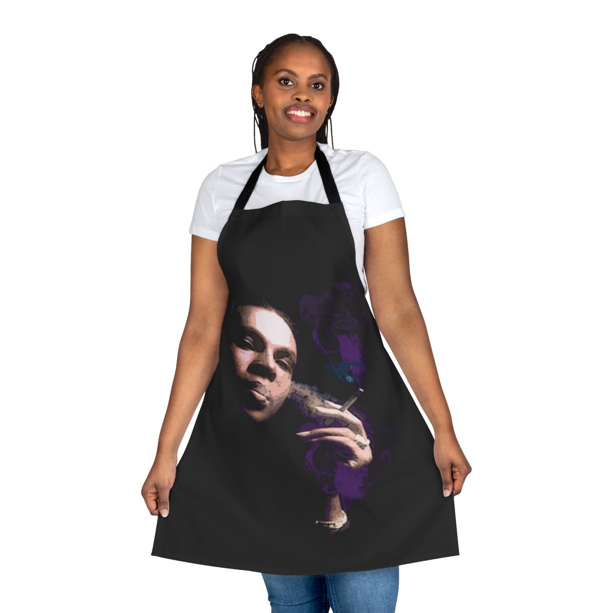 Colorful purple apron with a flamboyant drag queen design, perfect for kitchen use or costume parties.