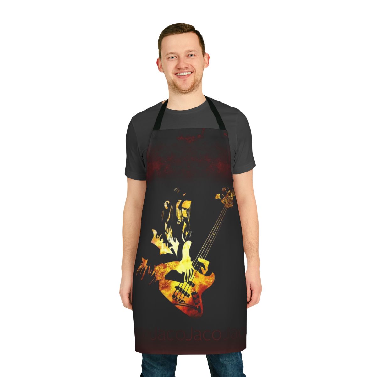 Jaco Pastorius-inspired flame pattern apron for jazz and fusion music fans