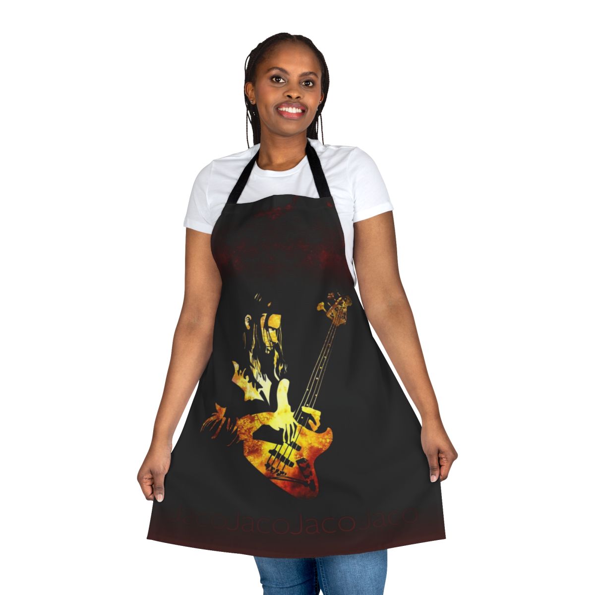 Jaco Pastorius-inspired flame pattern apron for jazz and fusion music fans