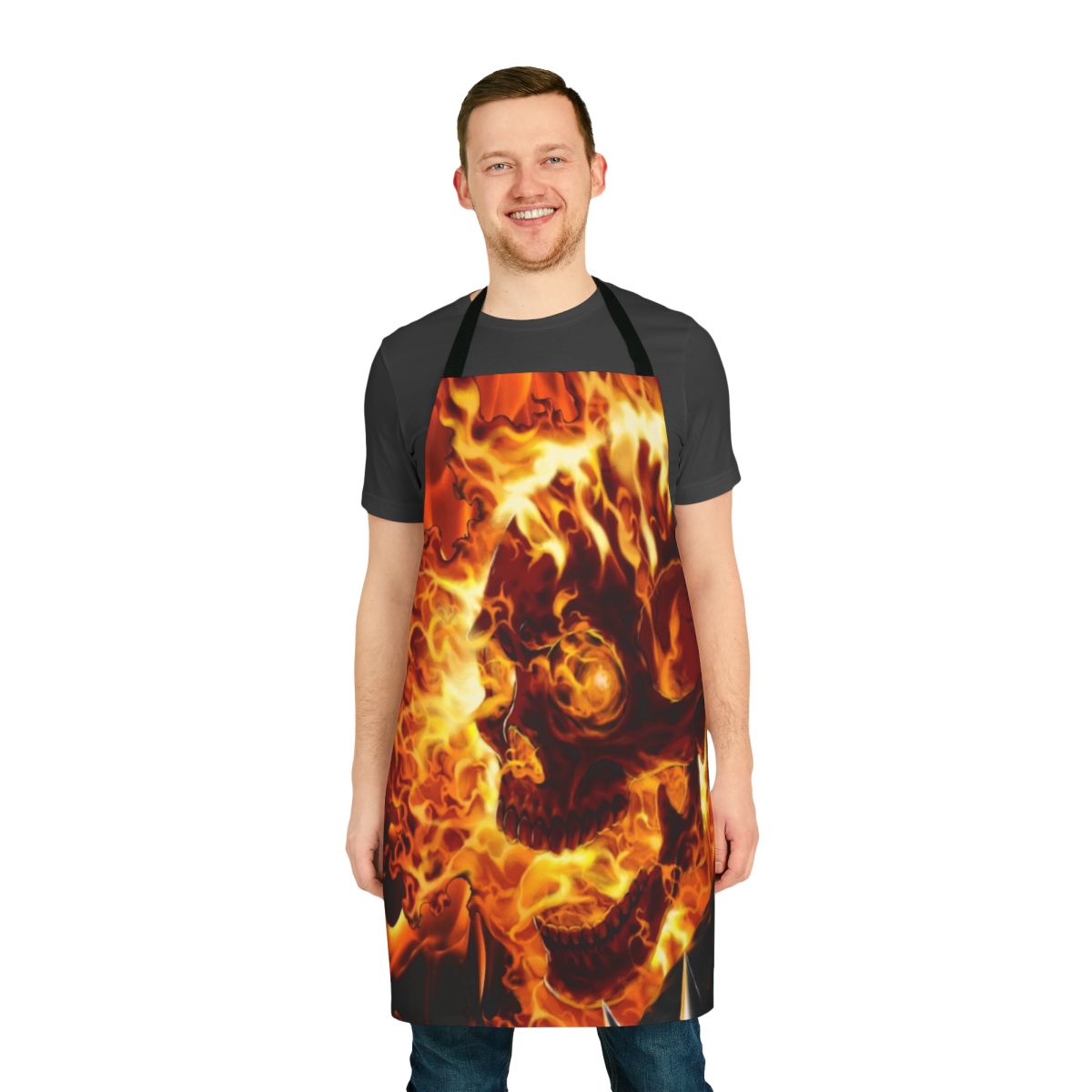 Fiery red and orange apron with a Ghost Rider-inspired design, perfect for the superhero chef.