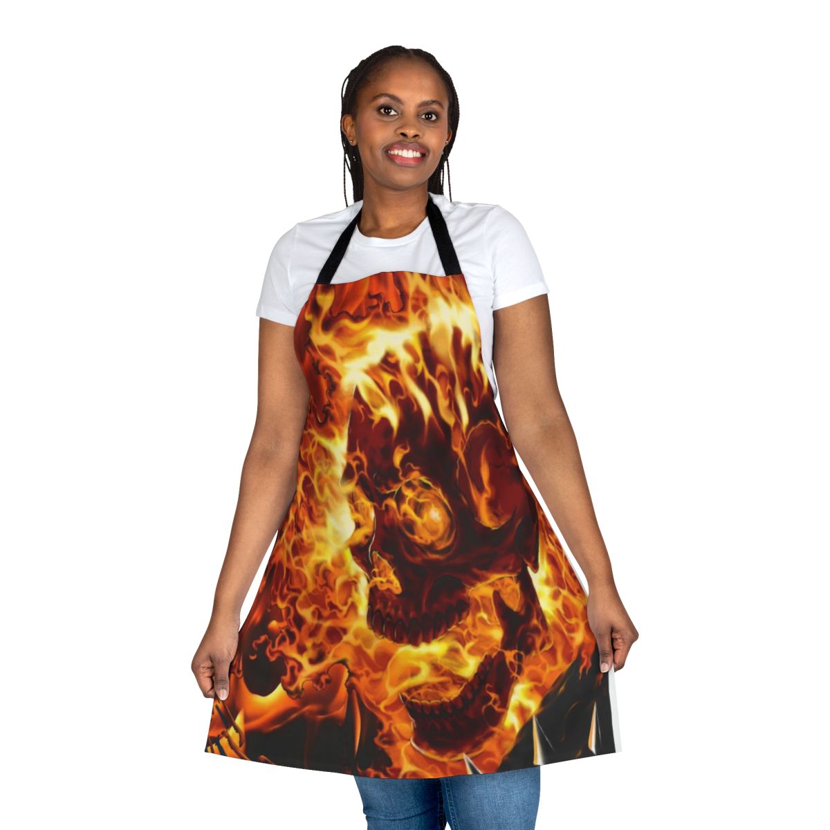 Fiery red and orange apron with a Ghost Rider-inspired design, perfect for the superhero chef.