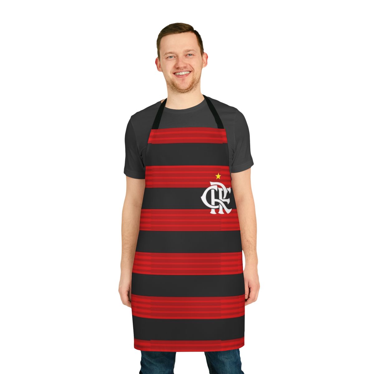Flamengo-inspired soccer apron with red and black design for Brazilian football enthusiasts