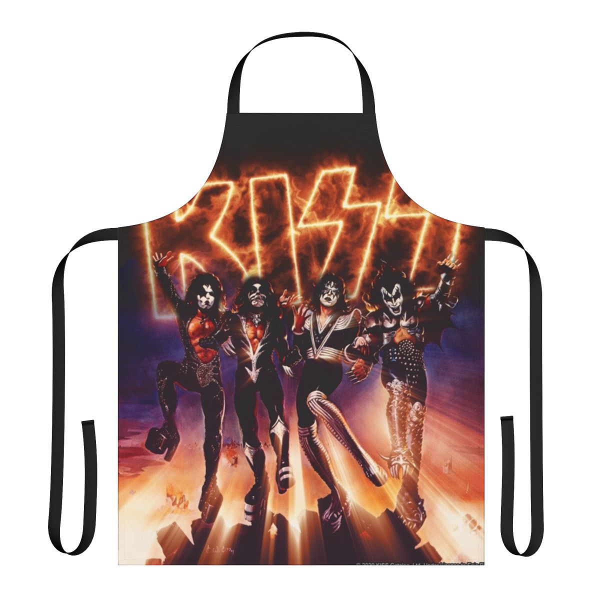 Stylized kiss the band inspired apron with a fiery logo design