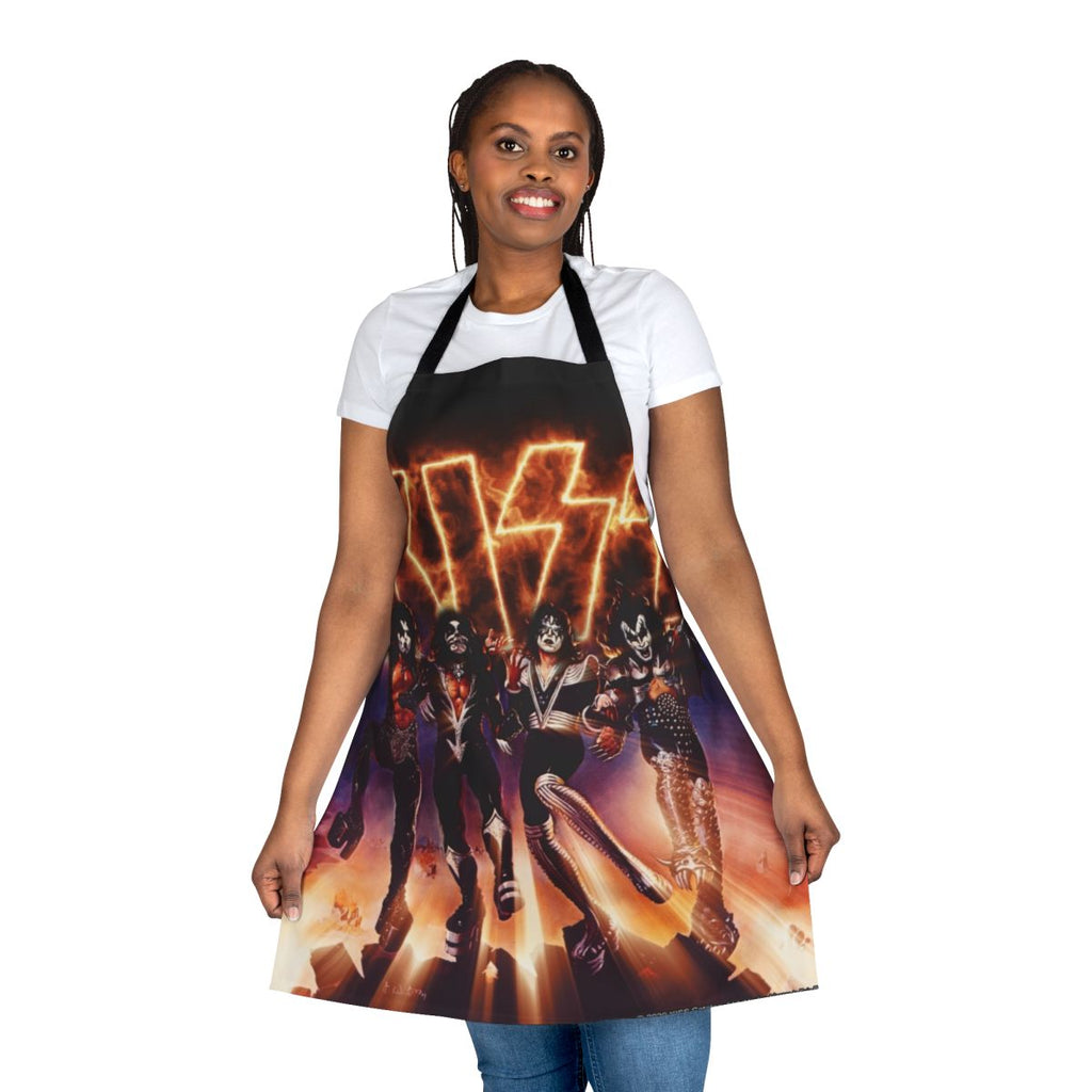 Stylized kiss the band inspired apron with a fiery logo design