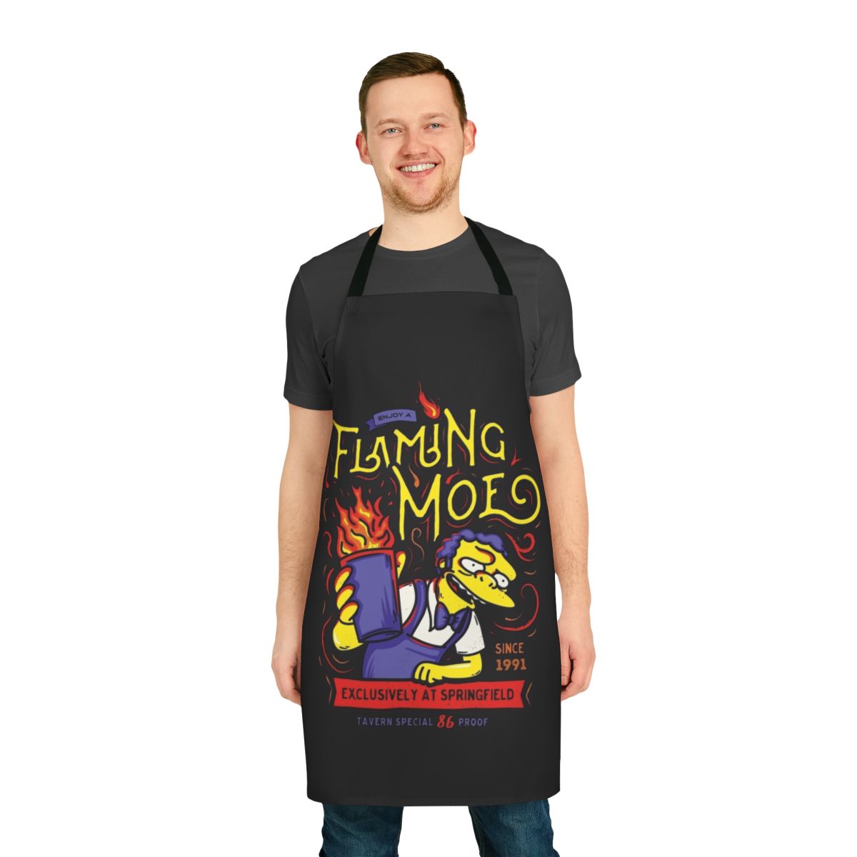 Flaming classic drink apron featuring cartoon character design