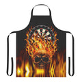 Flaming skull design printed on a black apron for dart players and enthusiasts