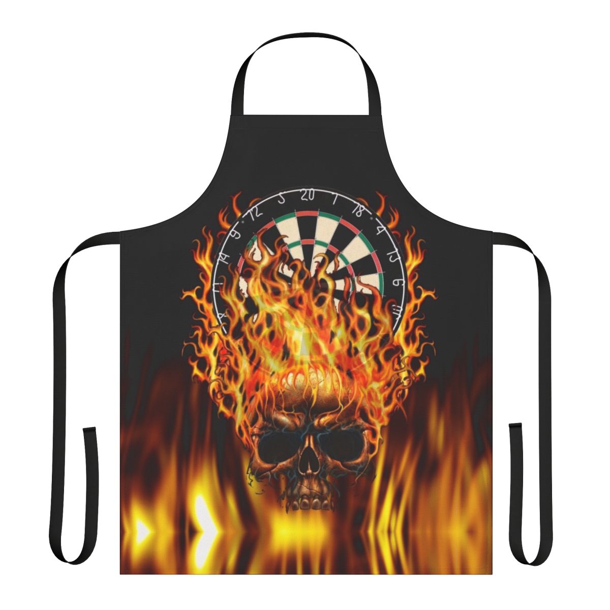 Flaming skull design printed on a black apron for dart players and enthusiasts