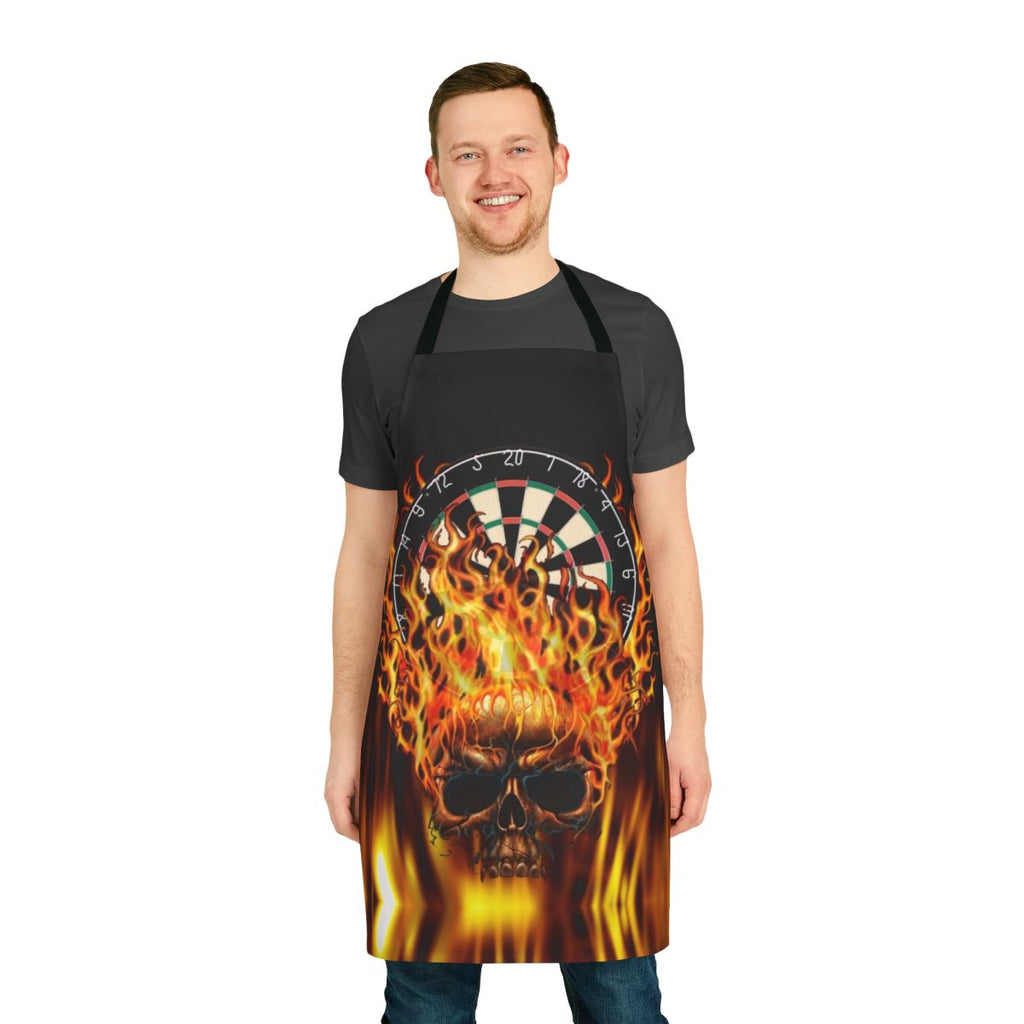 Flaming skull design printed on a black apron for dart players and enthusiasts