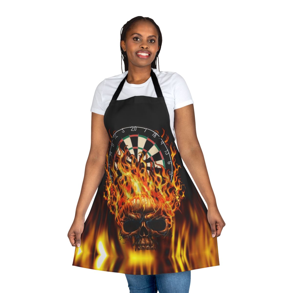 Flaming skull design printed on a black apron for dart players and enthusiasts